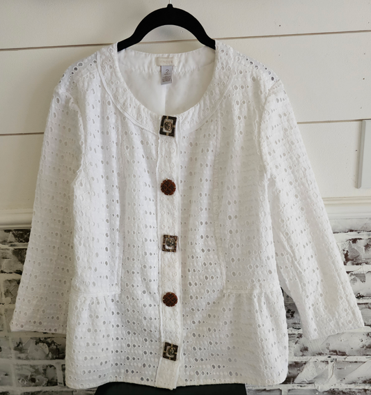 CHICOS White Eyelet Lace 3/4 Sleeve Asian Snaps Lined Jacket